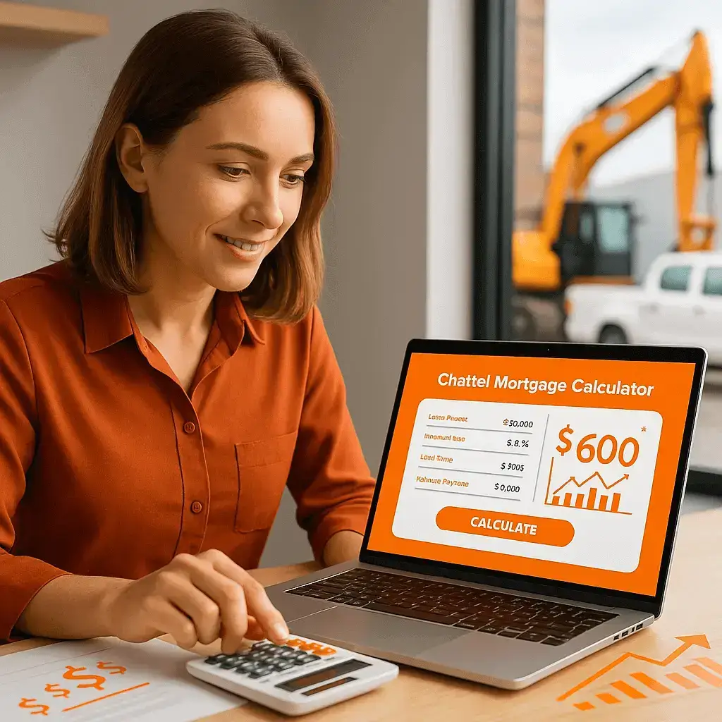 Australian business owner using a chattel mortgage calculator on a laptop and a physical calculator, with loan repayment data on screen and an excavator visible outside the window, highlighting vehicle and equipment finance planning.